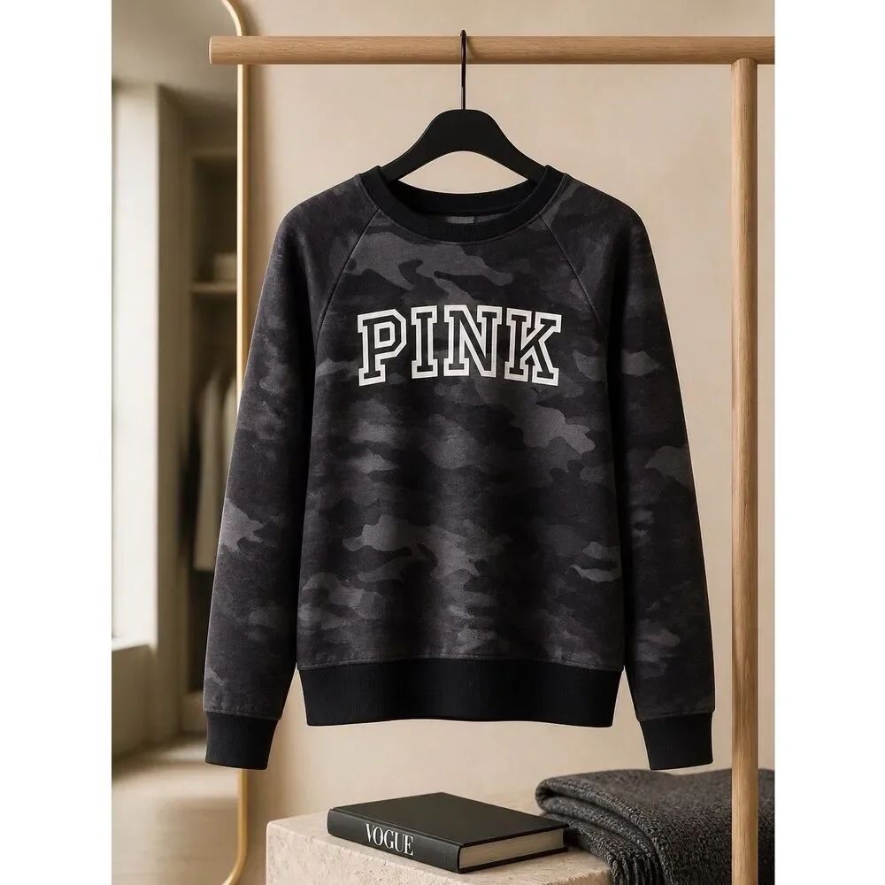 Victoria's Secret PINK Camouflage Crew Neck Sweatshirt Black and Gray Size Small